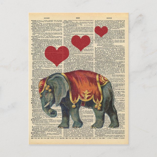 Carte Postale Dictionnaire vintage Art Cirque Elephant Love (Devant)