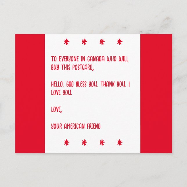 Carte Postale Dieu bénisse le Canada. Amour, Votre Ami Américain (Devant)