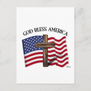 Carte Postale DIEU BLESS AMERICA avec croix robuste et drapeau U