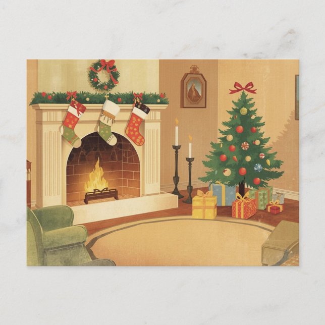 Carte postale d'illustration de salle de Noël cosy (Devant)