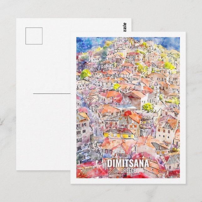 Carte Postale Dimitsana Grèce Fameux Voyage Aquarelle croquis (Devant / Derrière)