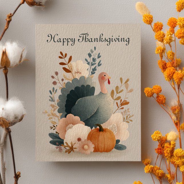 Carte Postale Dinde avec feuillage d'automne Joyeux Thanksgiving (Créateur téléchargé)