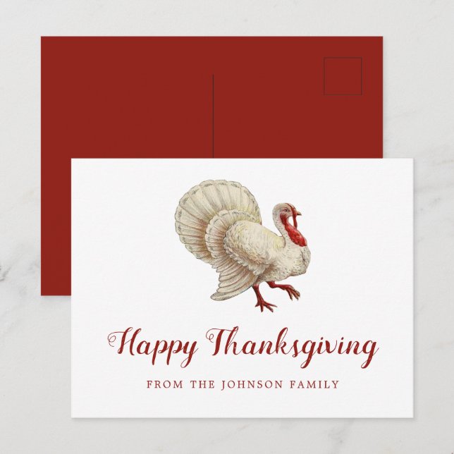 Carte Postale Dinde Blanche Vintage Joyeux Thanksgiving (Devant / Derrière)