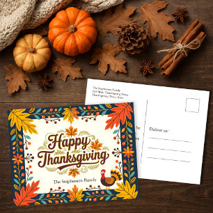 Carte Postale Dinde d'art populaire rustique Joyeux Thanksgiving