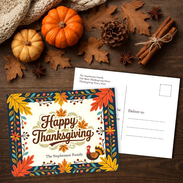 Carte Postale Dinde d'art populaire rustique Joyeux Thanksgiving (Créateur téléchargé)