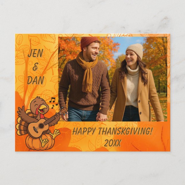 Carte Postale Dinde de Thanksgiving mignonne avec guitare (Devant)