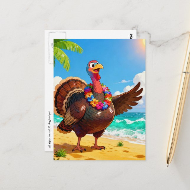Carte Postale Dinde en vacances à la plage (Devant/Arrière en situation)
