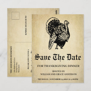 Carte Postale Dinde vintage Enregistrer la date de Thanksgiving