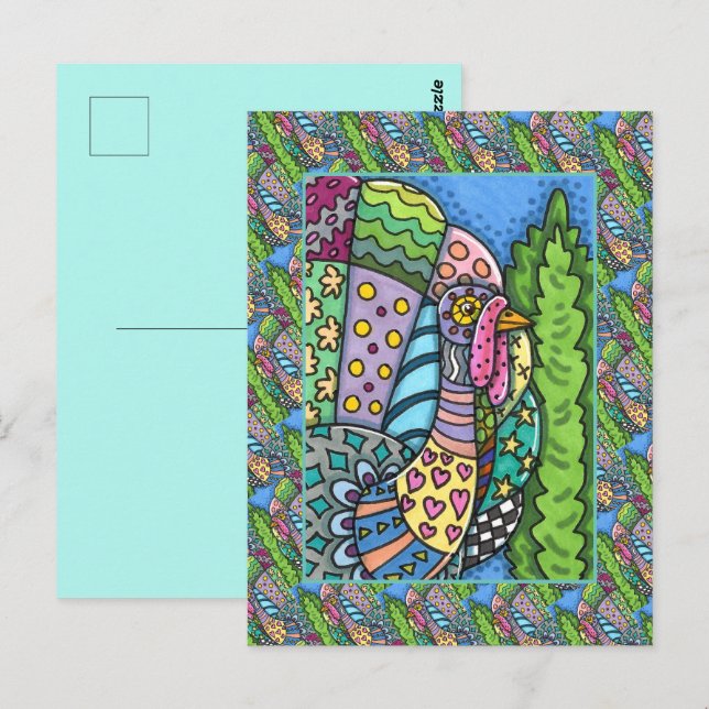CARTE POSTALE DINDON DE THANKSGIVING, PLUMAGE PATCHWORK, ART POP (Devant / Derrière)