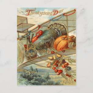 Carte Postale Dindon Volant Avion Citrouille Pomme Poire Maïs