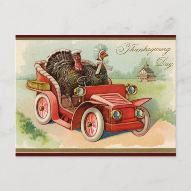 Carte Postale Dindons vintages en voiture Thanksgiving (Devant)