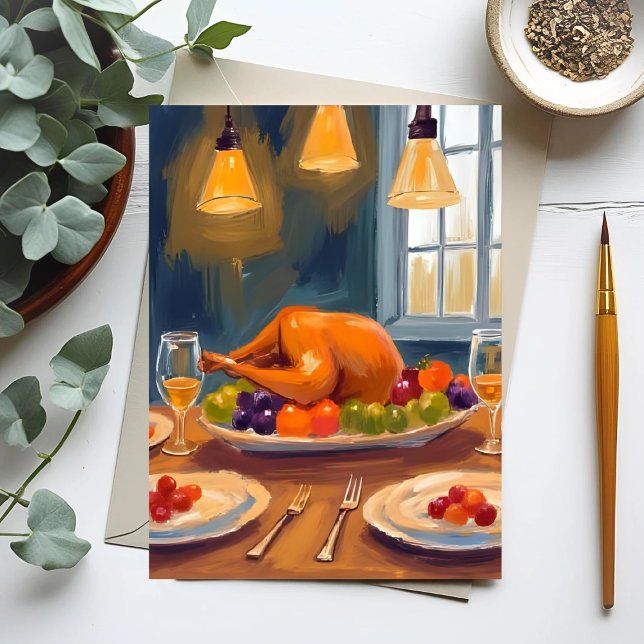 Carte Postale Dîner de dinde | Bonne fête de Thanksgiving peinte (Créateur téléchargé)
