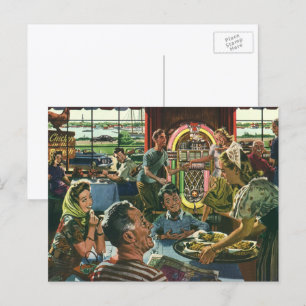 Carte Postale Dîner de famille vintage dans un diner avec un juk