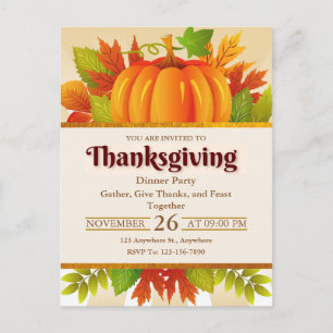Carte Postale Dîner de Thanksgiving Citrouille Rustique et Feuil