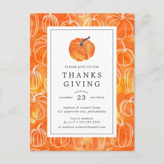 Carte Postale Dîner Thanksgiving | Citrouilles aquarelles (Devant)