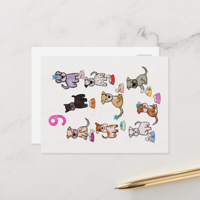 Carte Postale Dîners de chien pour anniversaire de neuf ans  (Devant/Arrière en situation)