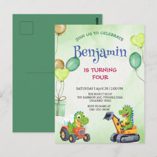 Carte Postale Dino anniversaire drôle T-Rex tracteur camion