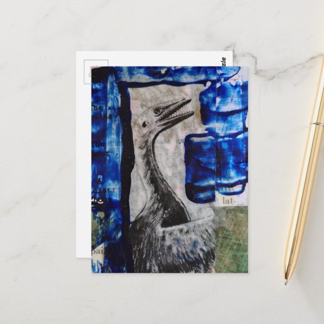Carte Postale Dino Bird Mixed Media Collage (Devant/Arrière en situation)