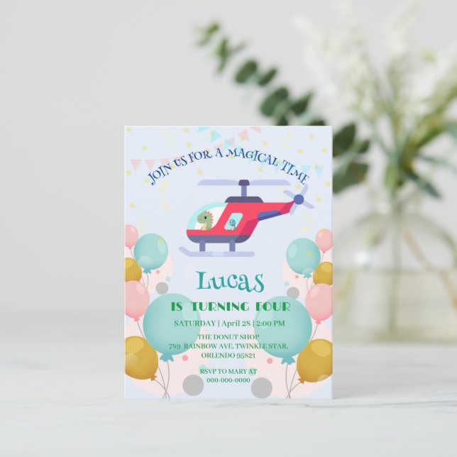 Carte Postale Dino hélicoptère drôle Nom de fête d'anniversaire  (Debout devant)