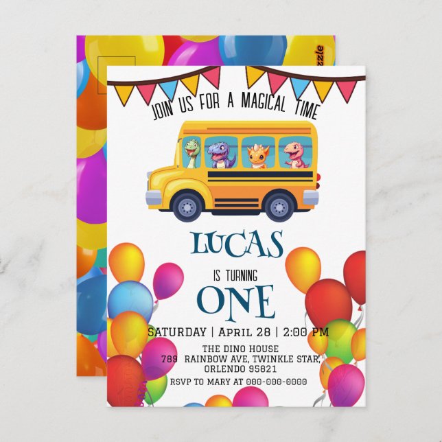 Carte Postale Dinosaur drôle Retour à l'école Bus garçon Anniver (Devant / Derrière)