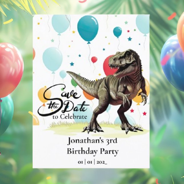Carte Postale Dinosaur  T-Rex Ballons Enregistrez la date  (Let’s Get Ready for the Dino Party!)