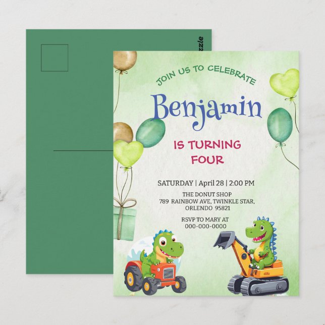 Carte Postale Dinosaur T-Rex tracteur camion drôle d'anniversair (Devant / Derrière)