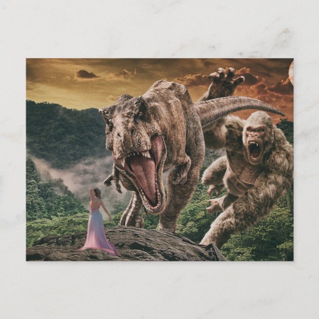 Carte Postale Dinosaur Tyrannosaurus Gorilla Imaginaire scène (Devant)
