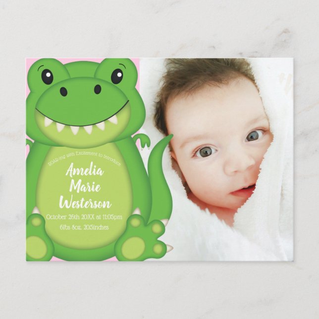 Carte Postale Dinosaure Baby shower T-Rex Rose Girl (Devant)