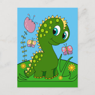 Carte Postale Dinosaure Caricature, Fleurs Et Papillons