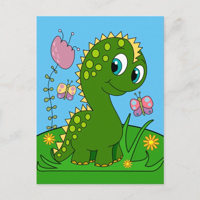Carte Postale Dinosaure Caricature, Fleurs Et Papillons (Devant)