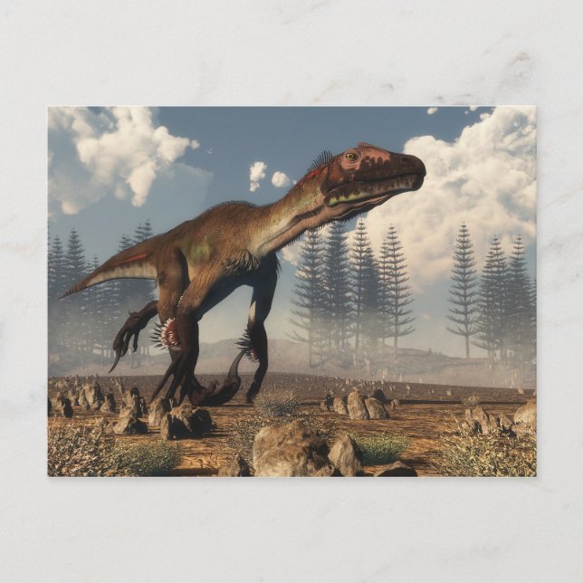 Carte Postale Dinosaure d'Utahraptor dans le désert (Devant)