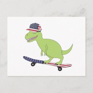 Carte Postale Dinosaure en Skateboard avec Drapeau Américain