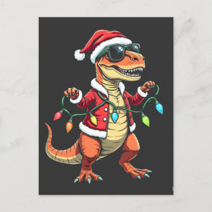 Carte Postale Dinosaure enveloppé de lumières de Noël Santa Hat