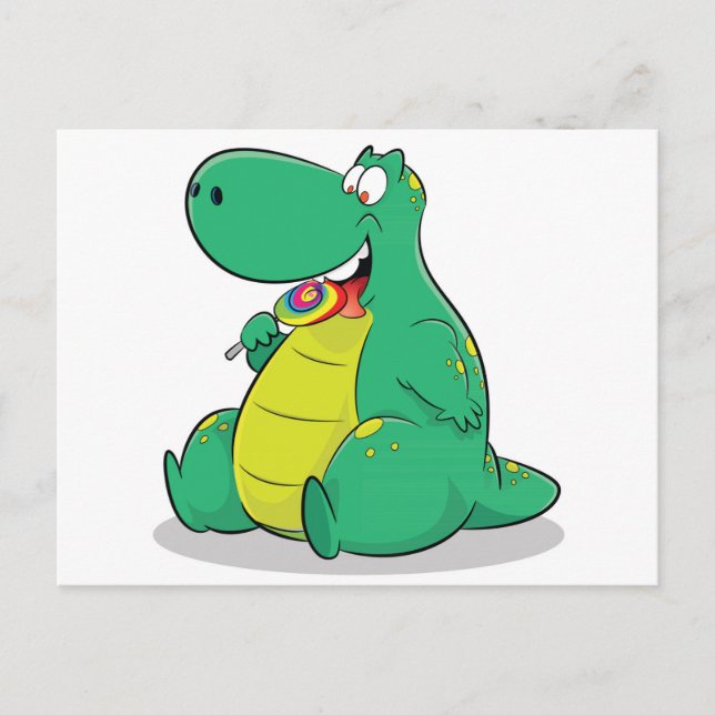 Carte Postale Dinosaure mignon mangeant lollipop bonbon (Devant)