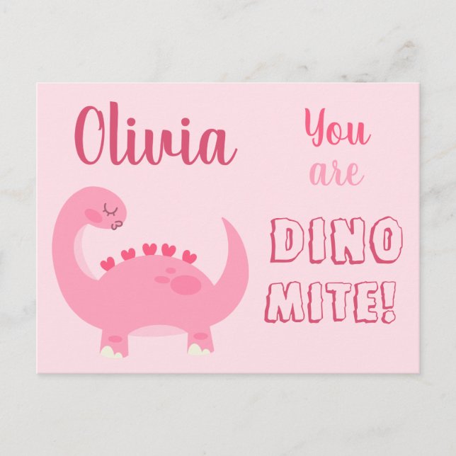 Carte Postale Dinosaure rose mignonne fille Saint Valentin Dino- (Devant)