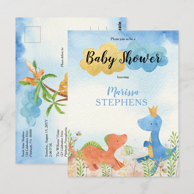 Carte Postale Dinosaures mignons Jouer Baby shower garçon Invita (Devant / Derrière)