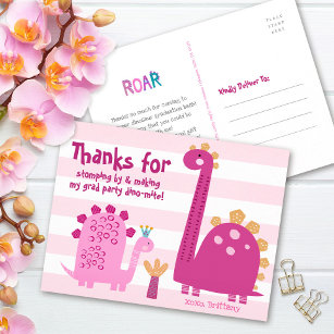 Carte Postale Dinosaures roses pour filles Kawaii Merci