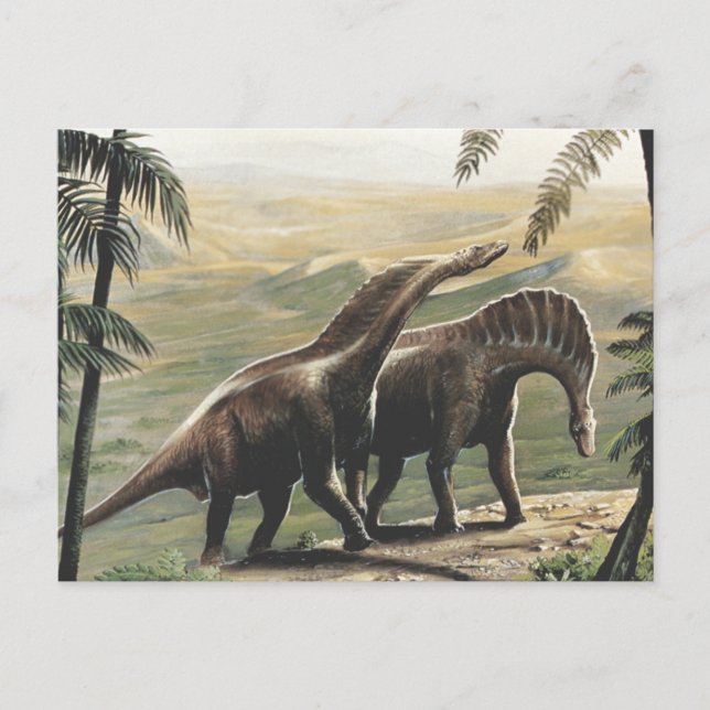 Carte Postale Dinosaures vintages, Amargasaurus aux palmiers (Devant)