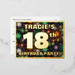 Carte Postale D'invitation À Feuilles D'aluminium 18th Birthday Party: Bold, Colorful Fireworks Look<br><div class="desc">The front of this bold eighteenth birthday party foil invitation postcard design features a customizable name, a large number “18th”, the message “BIRTHDAY PARTY!”, and a border. The background of the front has a joyful, colorful pattern that resembles bursting celebratory fireworks. The back features personalized details about the event, such...</div>