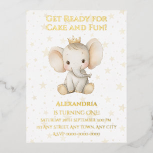 Carte Postale D'invitation À Feuilles D'aluminium 1er anniversaire de bébé éléphant princesse person