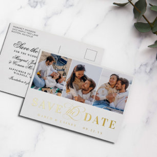 Carte Postale D'invitation À Feuilles D'aluminium 3 Photos Blanc et Or Feuille d'Or Save the Date