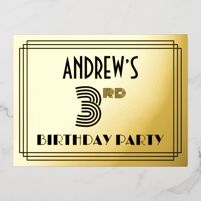 Carte Postale D'invitation À Feuilles D'aluminium 3rd Birthday Party ~ Art Deco Style “3” + Name (Recto)