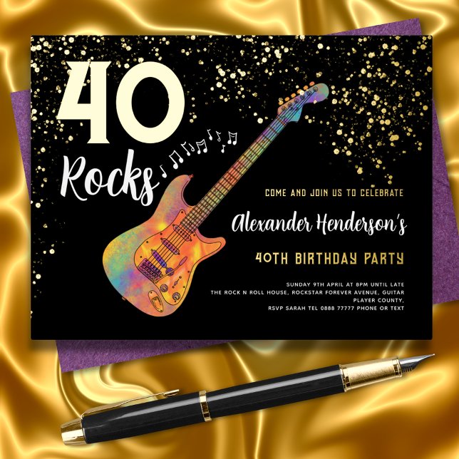 Carte Postale D'invitation À Feuilles D'aluminium 40 Rocks Anniversaire Parties scintillant Noir et  (40 rocks black and gold glitter guitar music modern 40th birthday party invitation )