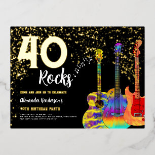 Carte Postale D'invitation À Feuilles D'aluminium 40e fête d'anniversaire 40 Rocks Parties scintilla