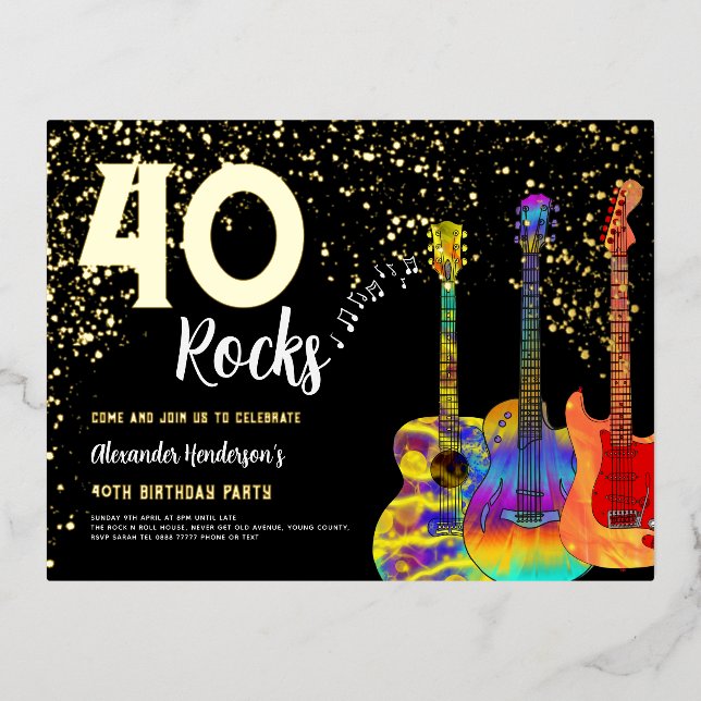 Carte Postale D'invitation À Feuilles D'aluminium 40e fête d'anniversaire 40 Rocks Parties scintilla (Recto)