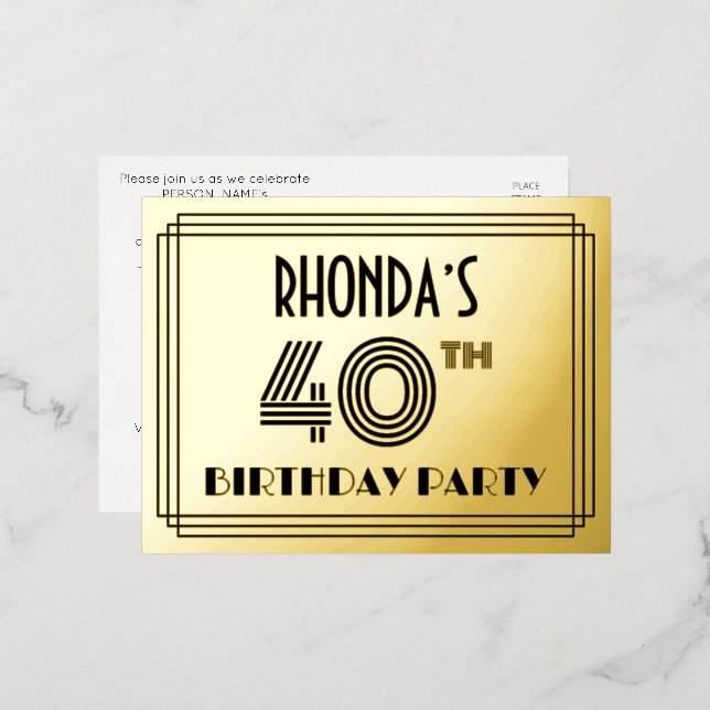 Carte Postale D'invitation À Feuilles D'aluminium 40th Birthday Party ~ Art Deco Style “40” + Name (Recto/Verso)