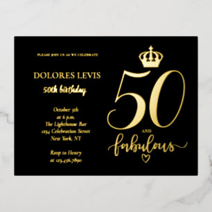 Carte Postale D'invitation À Feuilles D'aluminium 50 et fabuleux anniversaire d'or noir