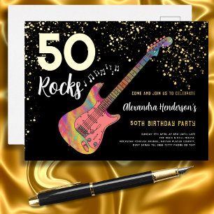 Carte Postale D'invitation À Feuilles D'aluminium 50 Rocks 50e fête d'anniversaire Pink Black Gold