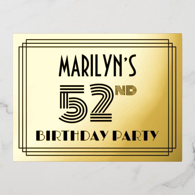 Carte Postale D'invitation À Feuilles D'aluminium 52e fête d'anniversaire ~ Style Art Déco "52" + No (Recto)