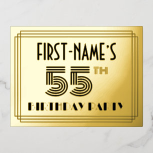 Carte Postale D'invitation À Feuilles D'aluminium 55th Birthday Party ~ Art Deco Style “55” + Name